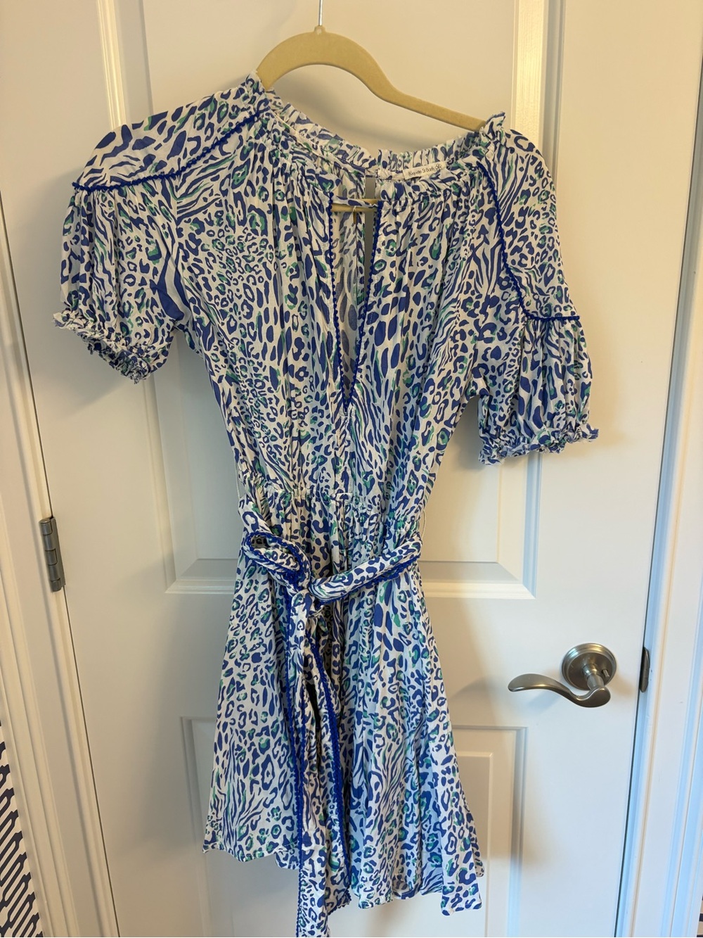Poupette St. Barth Blue, White & Green Printed Tie-Waist Mini Dress